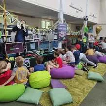 Birthday gaming setup with bean bags